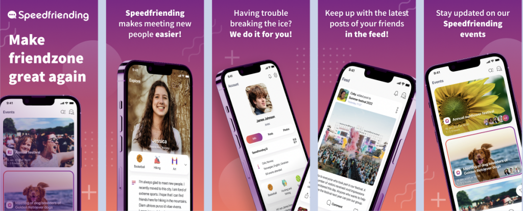 Skjermbilde av Speedfriending-appen som vises på fem smarttelefoner i et grafisk display preget av rosa og oransje gradienter og rent design.
