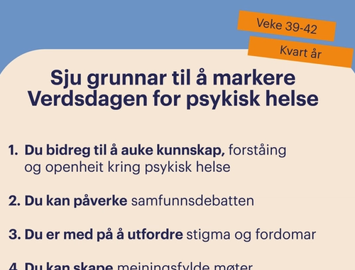 Plakat på nynorsk med sju grunnar til å markere Verdsdagen for psykisk helse.