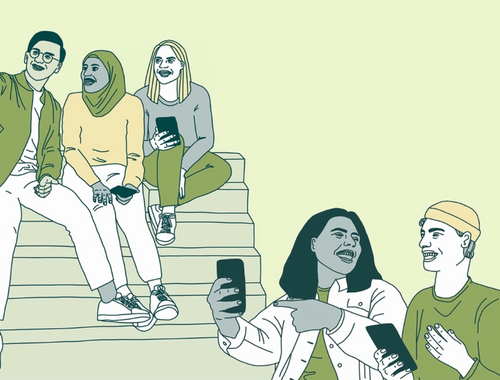 Illustrasjon av fem ungdommer som alle smiler og ler med hverandre. I hendene har de hver sin telefon.